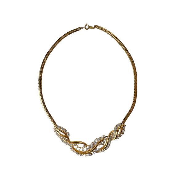 1990s Trifari TM Gold Plate Clear Rhinestone Studded Chevron Choker Necklace - Picture 1 of 5